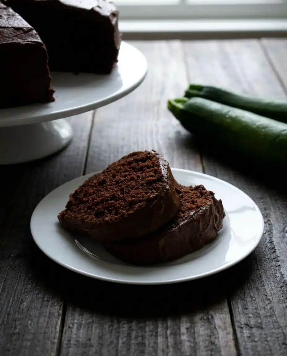 Chocolate Lover’s Zucchini Cake 14 A slice of chocolate zucchini cake on a white plate
