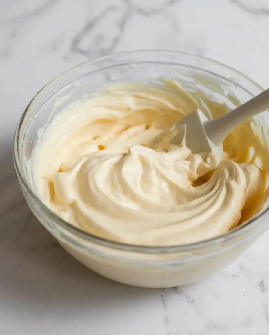 Vanilla Mousse Cake Filling 14 A slice of gold layer cake with a thick layer of vanilla mousse cake filling