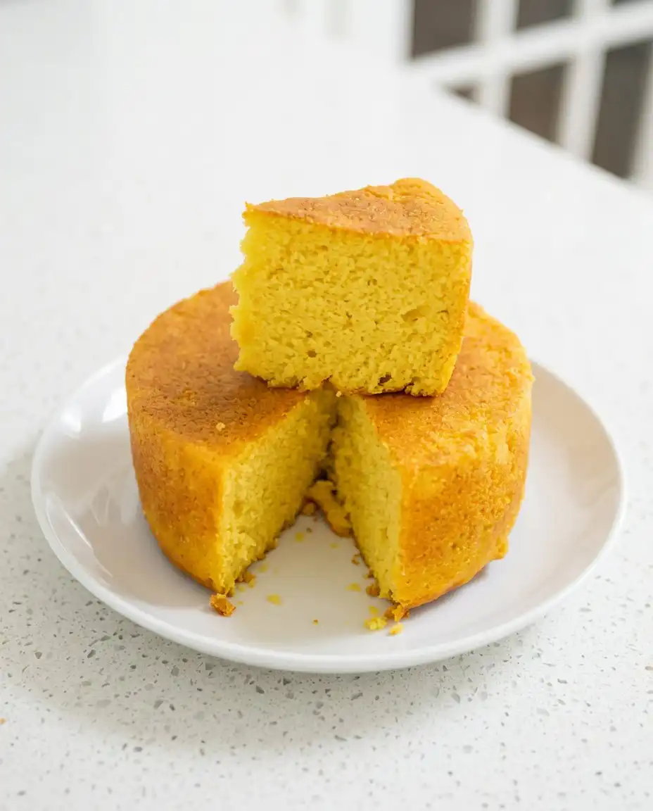 Classic Mango Sponge Cake 16 A professional slice of Classic Mango Sponge Cake served on a white plate with fresh mango cubes.