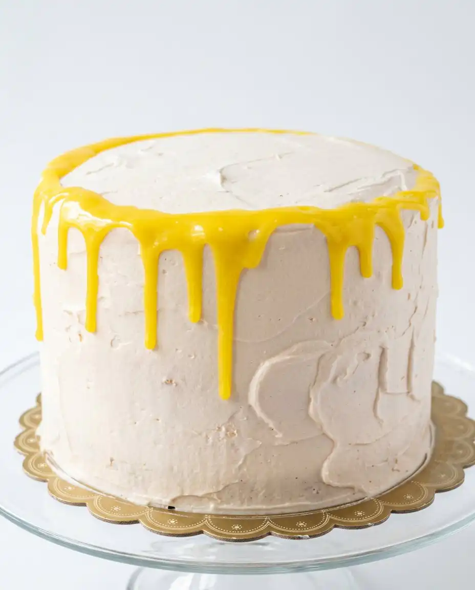 Mango Drip Cake 16 A single slice of Mango Drip Cake served simply on a white plate.