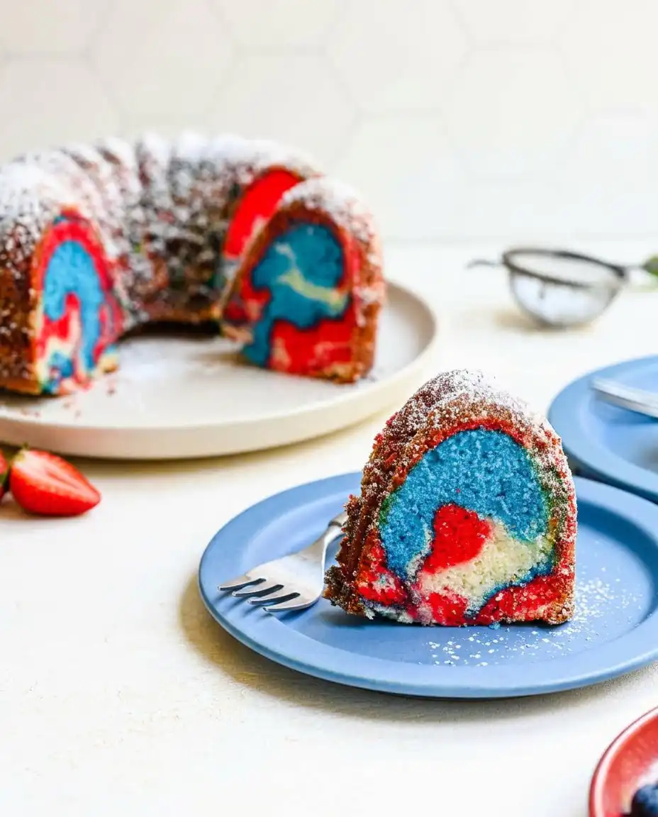 A piece of red white and blue marble cake served with fresh strawberries and blueberries