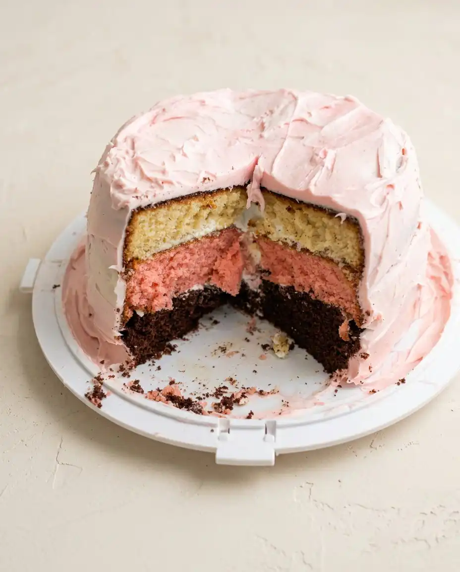 A slice of Neapolitan Anniversary Cake revealing chocolate strawberry and vanilla layers.