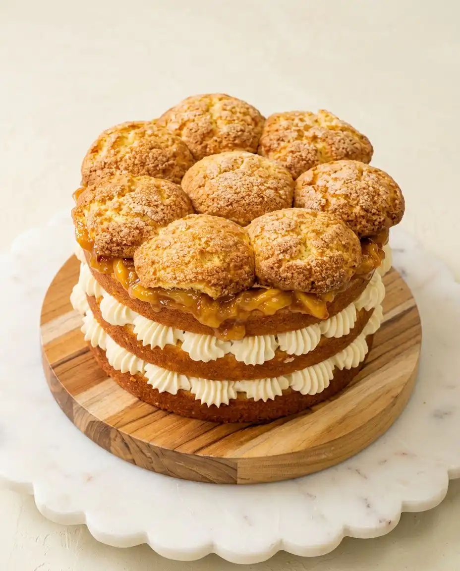 A thick slice of Peach Cobbler Layer Cake showing the fruit filling and cornmeal crumb.