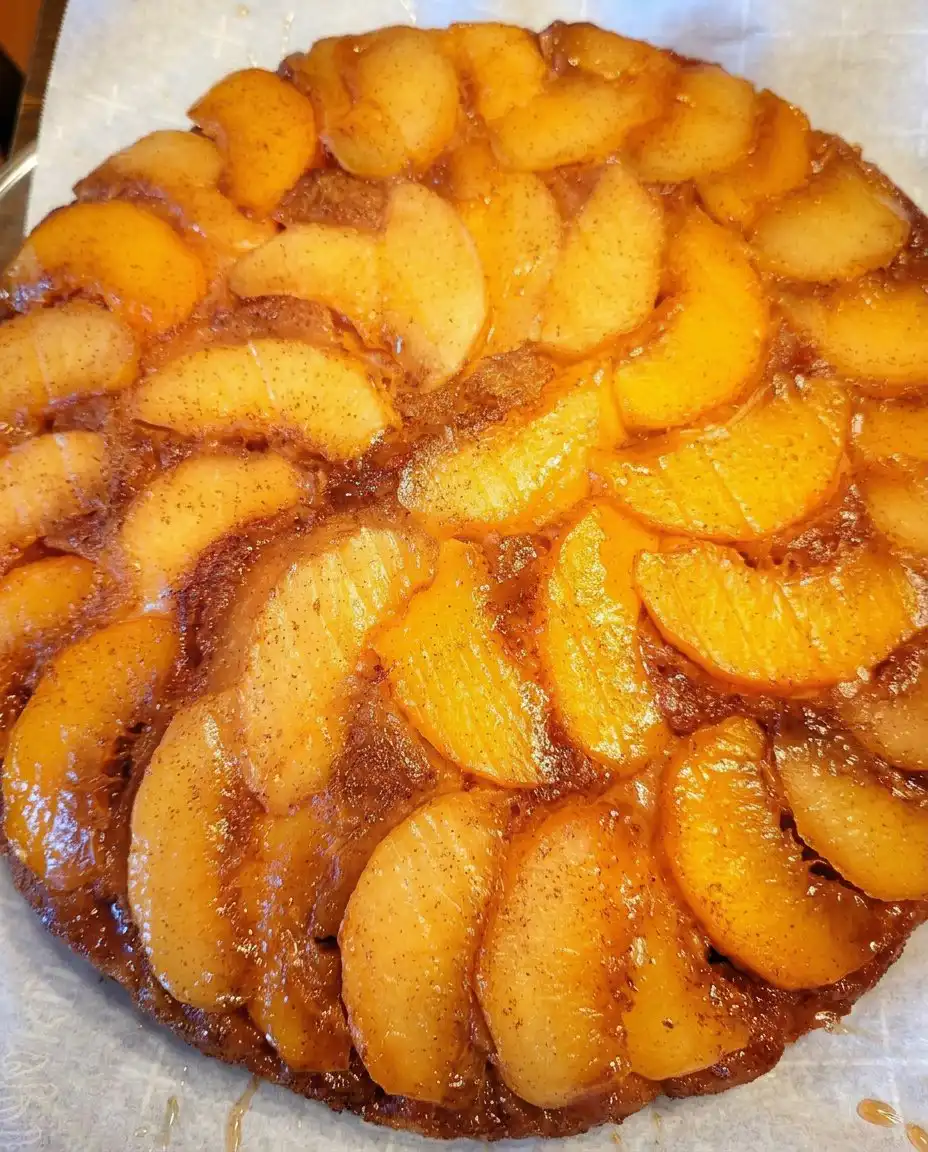 A slice of peach upside down cake served with a dollop of whipped cream on a plate