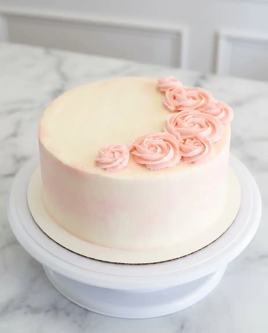 Rose Water Layer Cake 16 A single slice of Rose Water Layer Cake showing the even crumb and watercolor frosting.