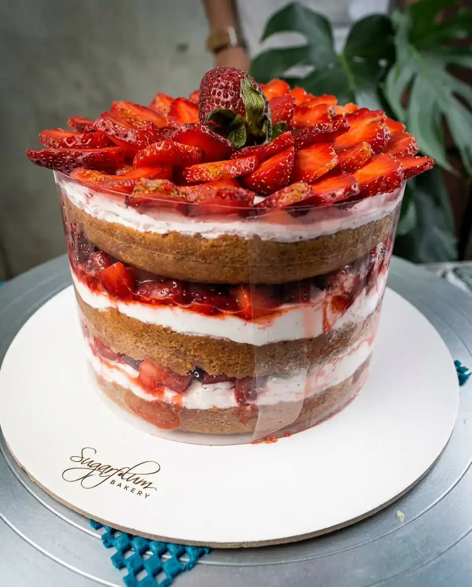 A generous slice of Strawberry Vanilla Cake showing the layers of sponge and fruit.