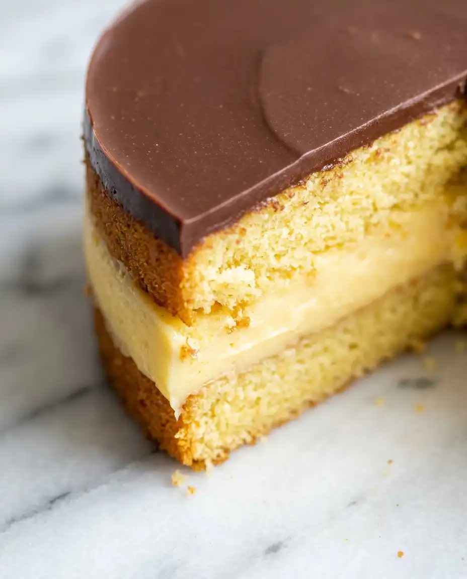 A single slice of Two-Layer Boston Cream Cake on a dessert plate with a fork.