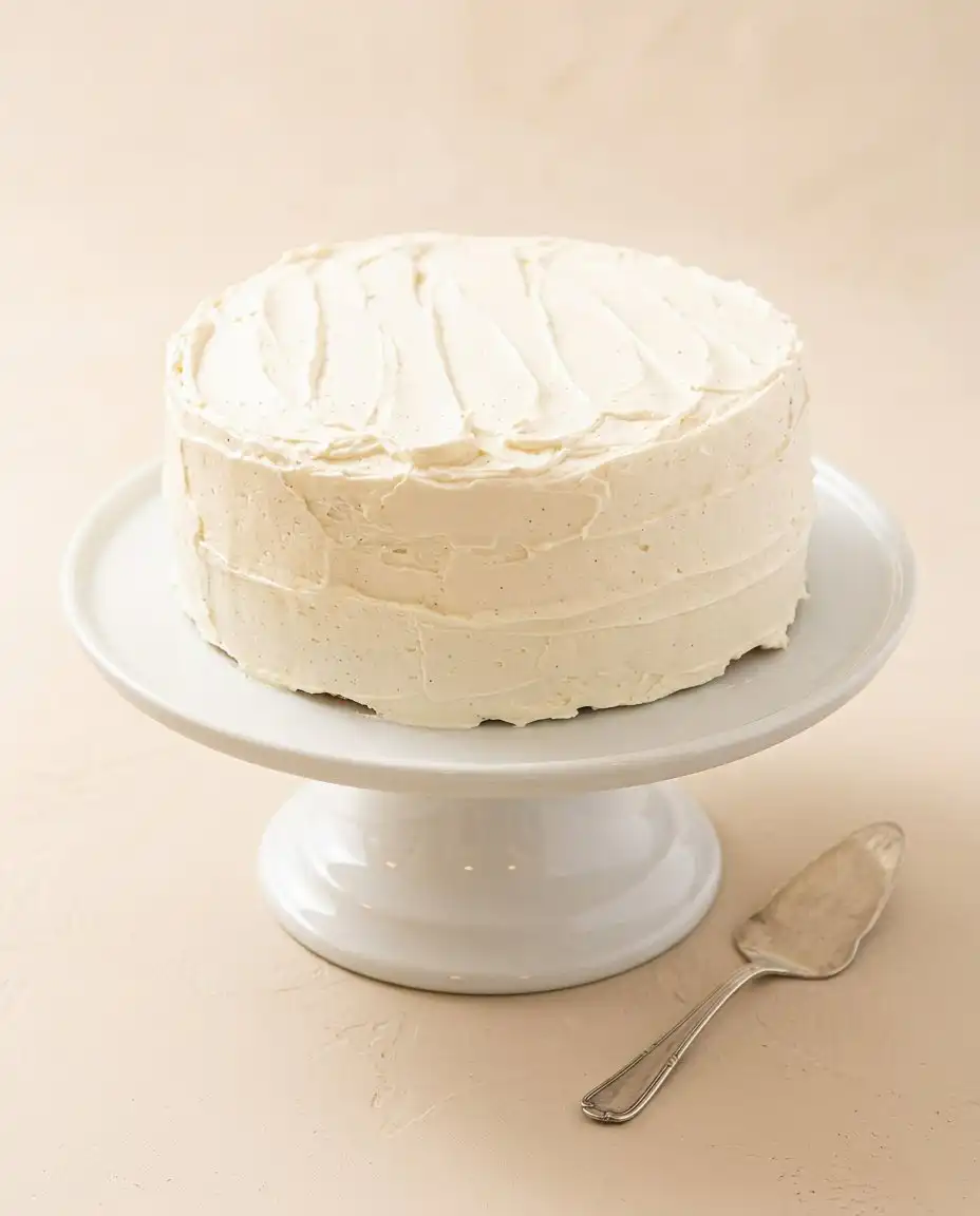 Classic Vanilla Bean Layer Cake 16 A single slice of Classic Vanilla Bean Layer Cake showing the pastry cream filling and fluffy crumb.