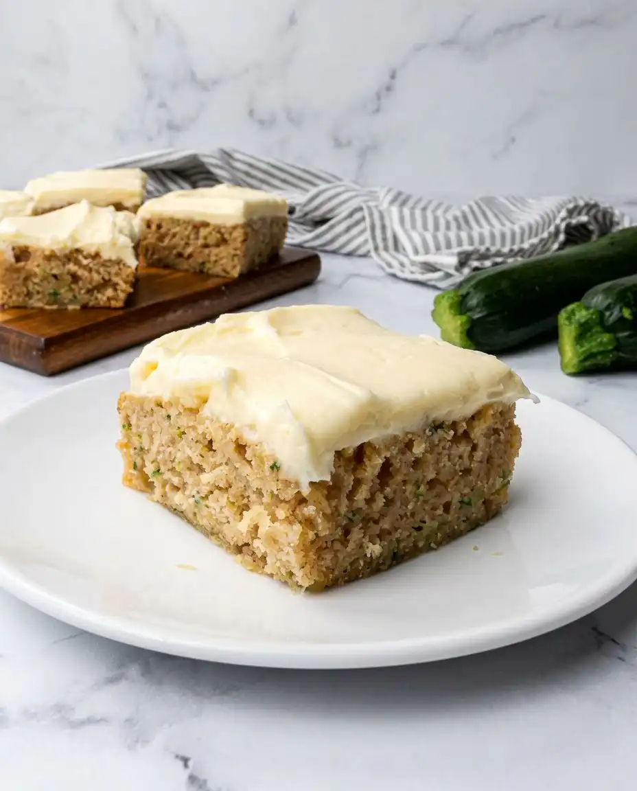 A rectangular tray filled with evenly sliced Zucchini Bars with white frosting.