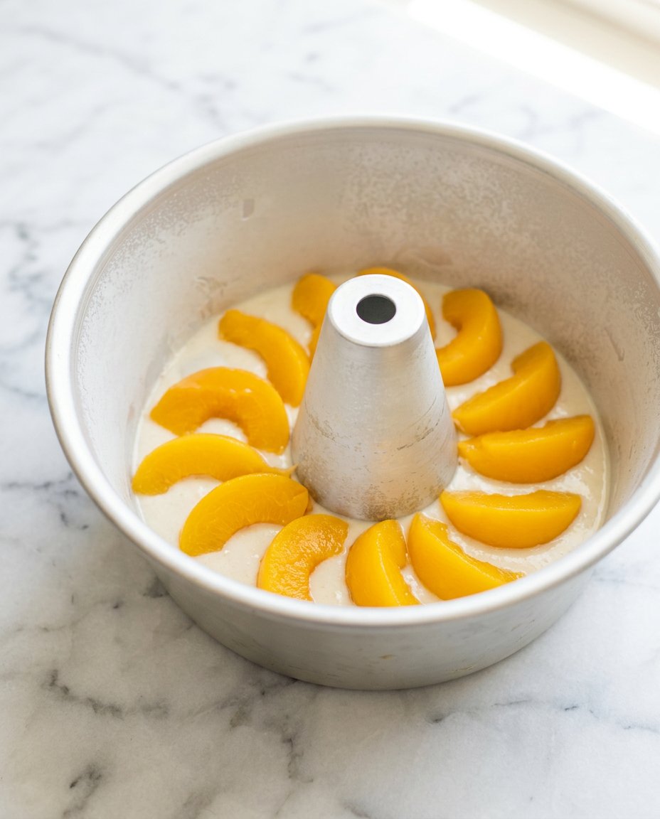 A hand slicing a dense Classic Peach Pound Cake to reveal the moist fruit-filled interior.