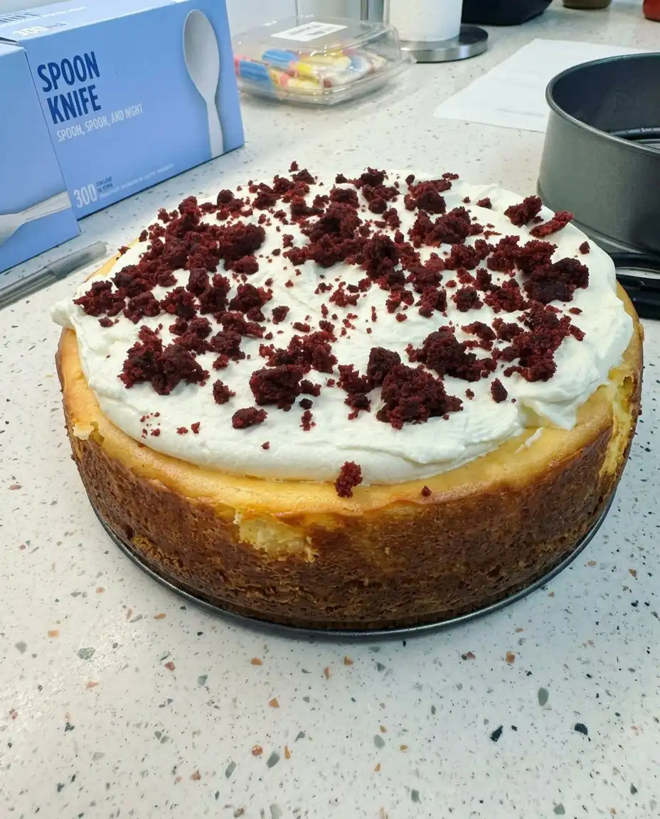 A person slicing a red velvet cheesecake with a clean, hot knife to maintain sharp edges.