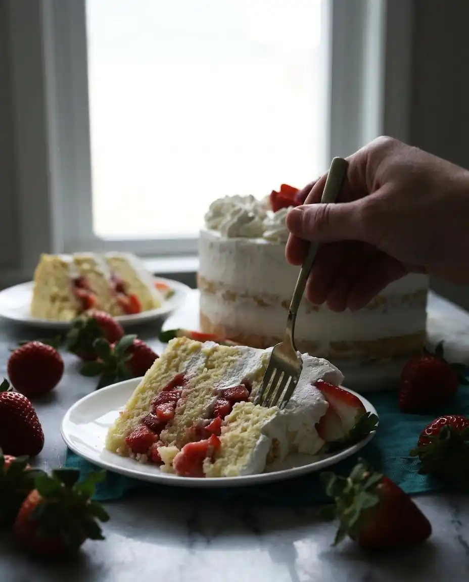 Strawberry Shortcake Cake 14 A serrated knife slicing through a strawberry shortcake cake with visible fruit layers