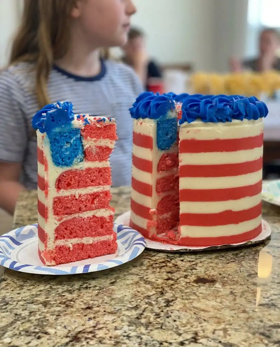 American Flag Cake 14 A slice of American flag cake showing four even layers of white sponge and vanilla buttercream.