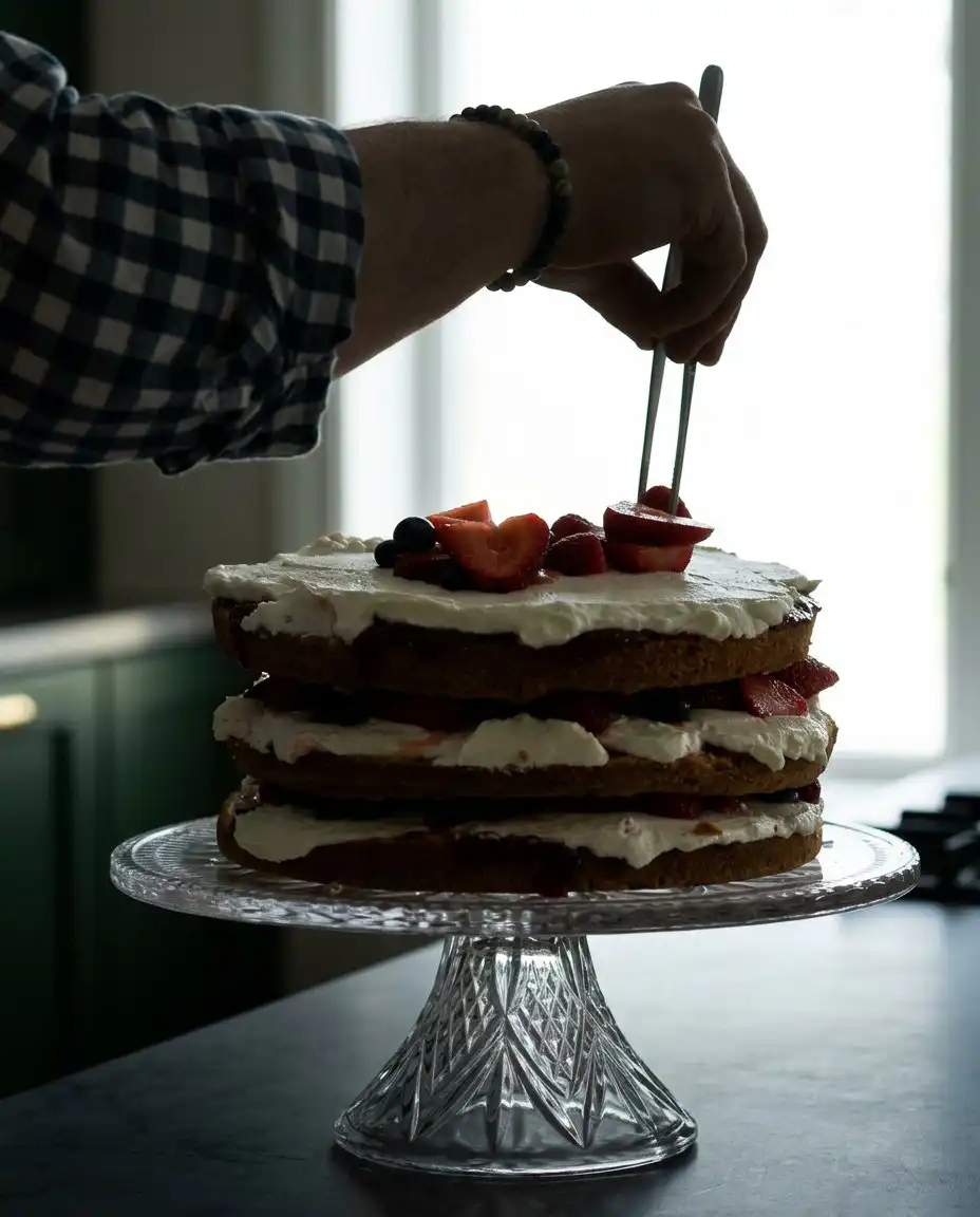 An offset spatula smoothing white mascarpone cream over a golden cake layer