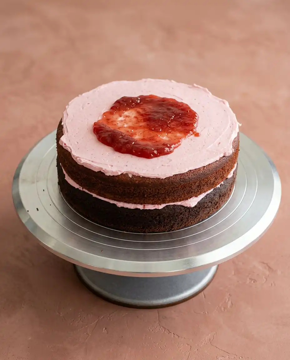 An offset spatula smoothing the sides of a Neapolitan Anniversary Cake.