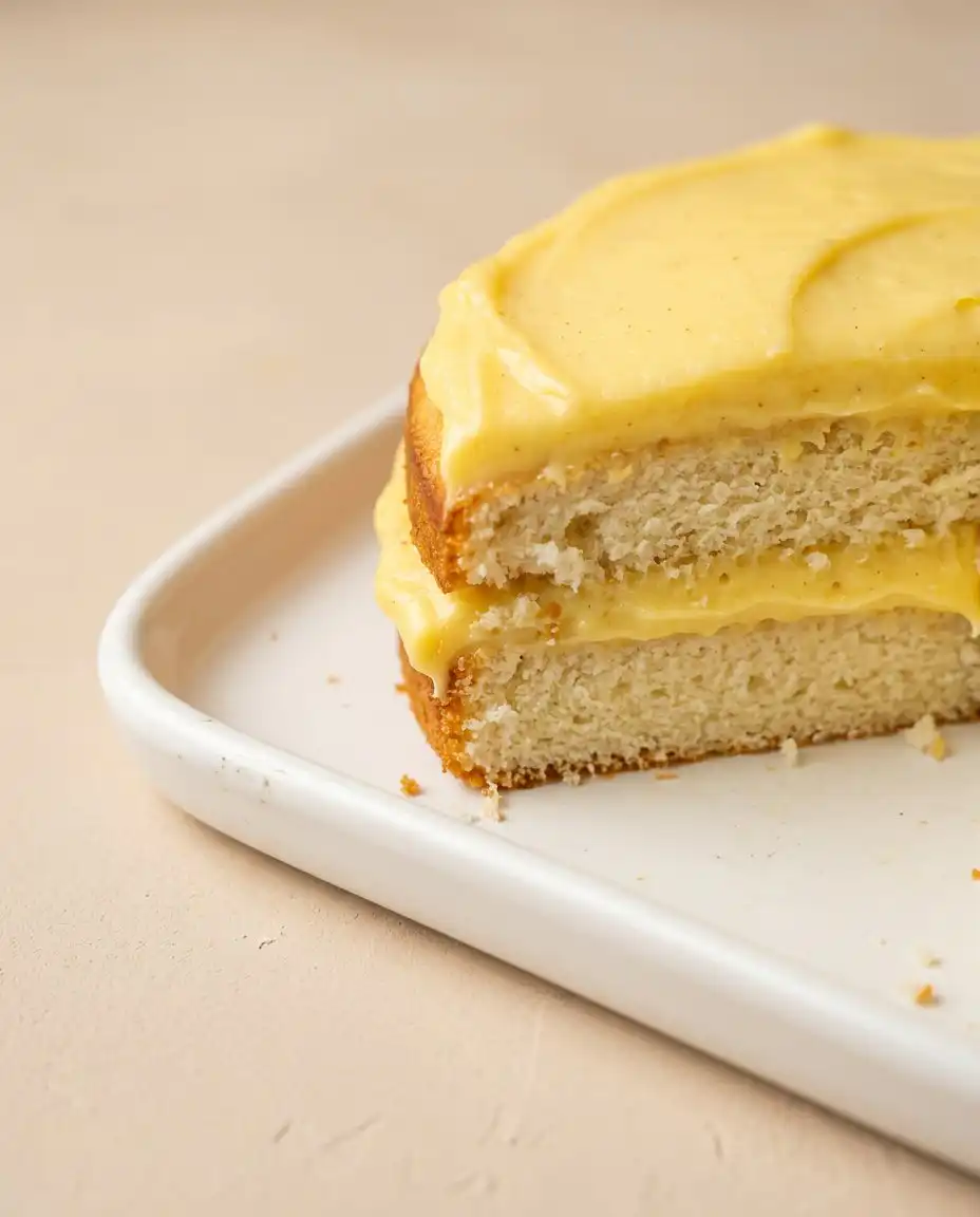 Classic Vanilla Bean Layer Cake 15 A hand using a spatula to apply silky frosting to a Classic Vanilla Bean Layer Cake.