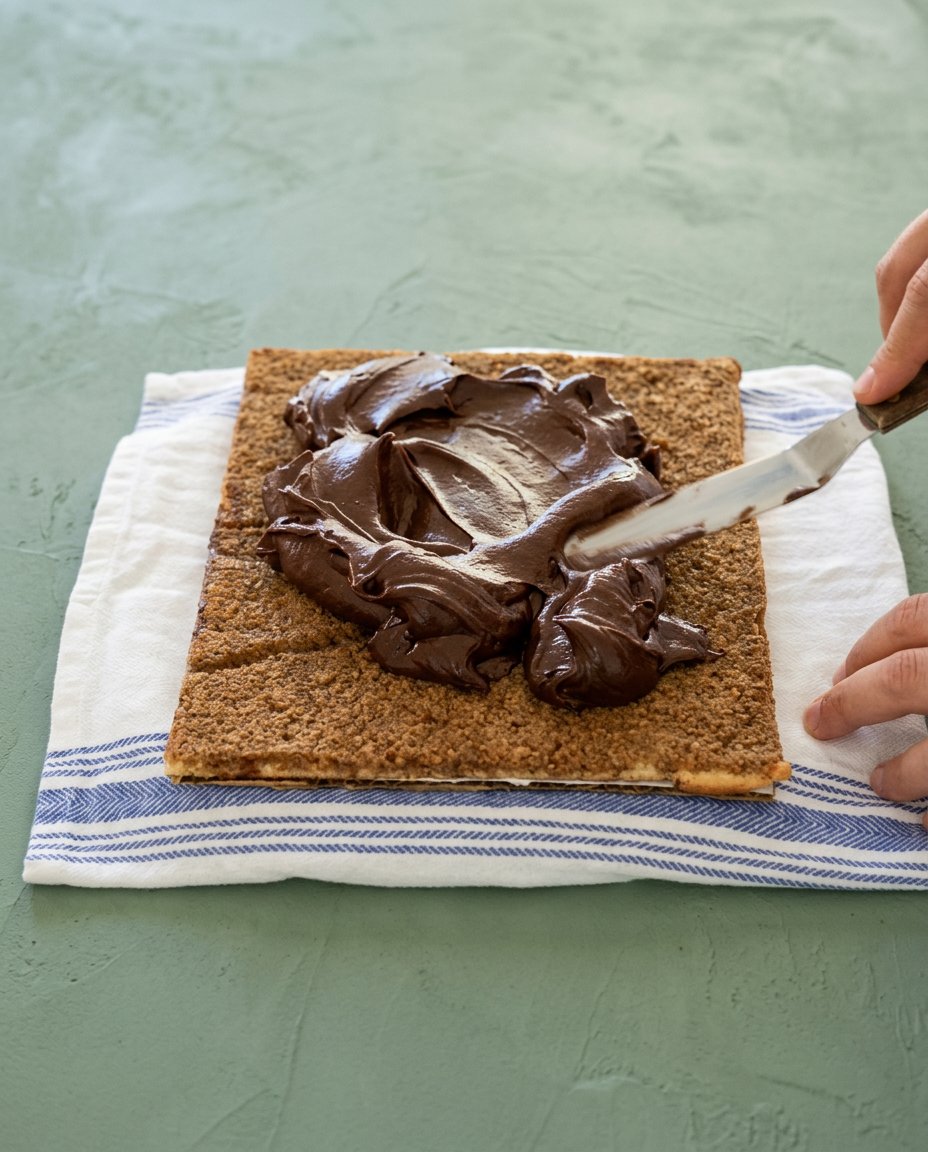 Opera Cake 15 An offset spatula spreading a thin chocolate glaze over a cold Opera Cake.