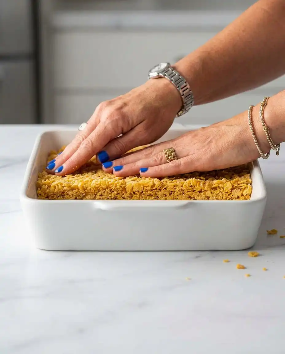 A person using a spatula to spread smooth white cheesecake filling into a baking pan.