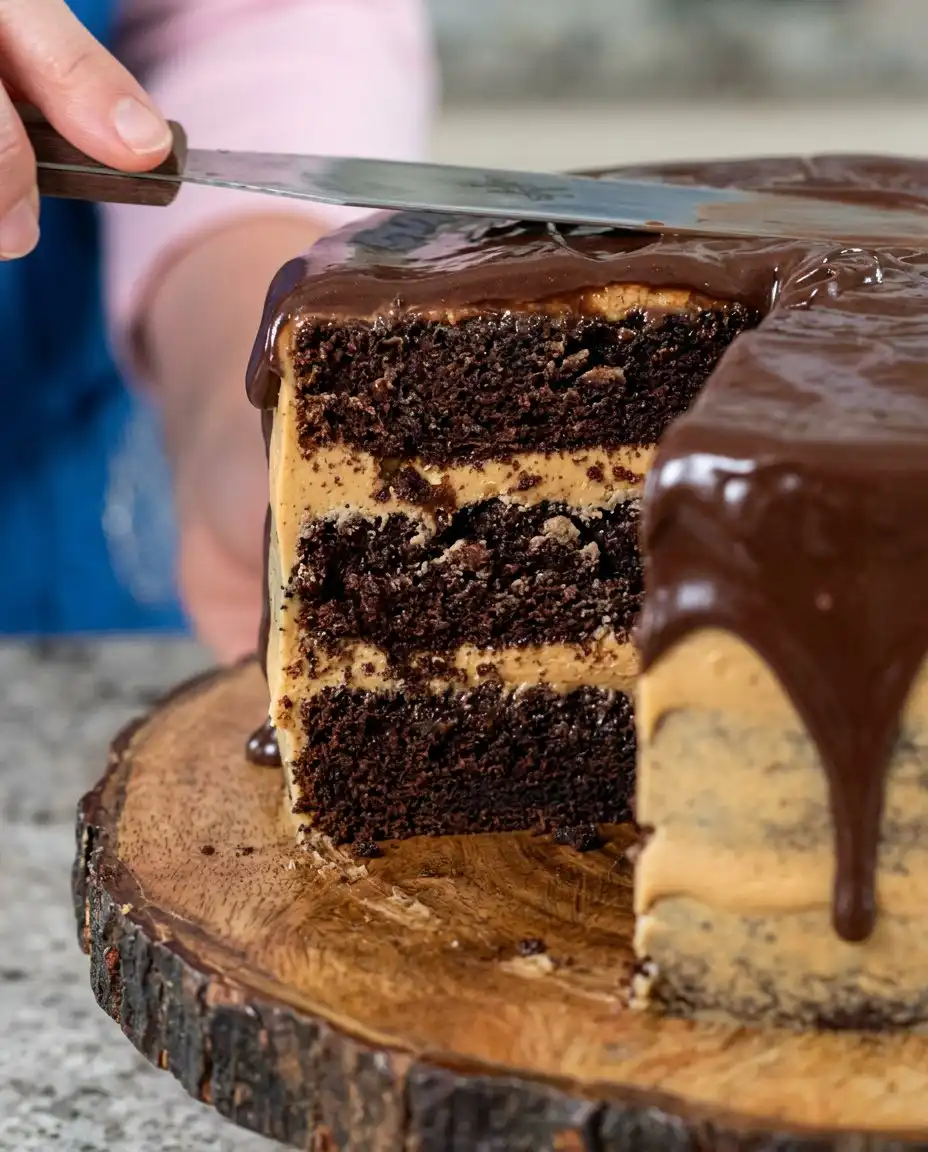 A hand spreading creamy peanut butter frosting on a chocolate cake layer