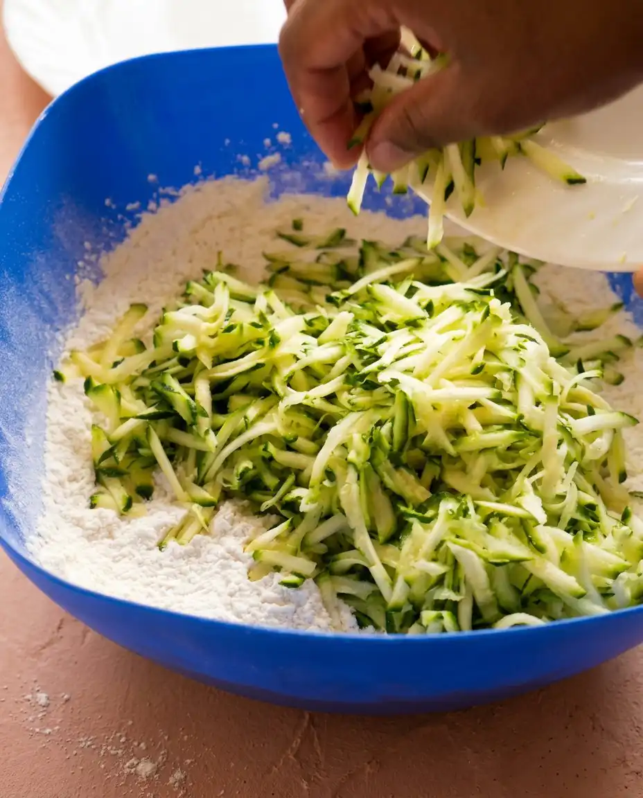 Lemon Zucchini Cake 15 Hands squeezing water from shredded zucchini for a Lemon Zucchini Cake.