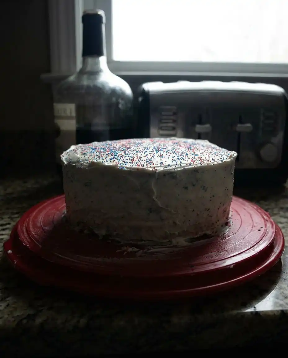 Red, White and Blue Layered Flag Cake 13 Hands assembling a layered flag cake with white frosting