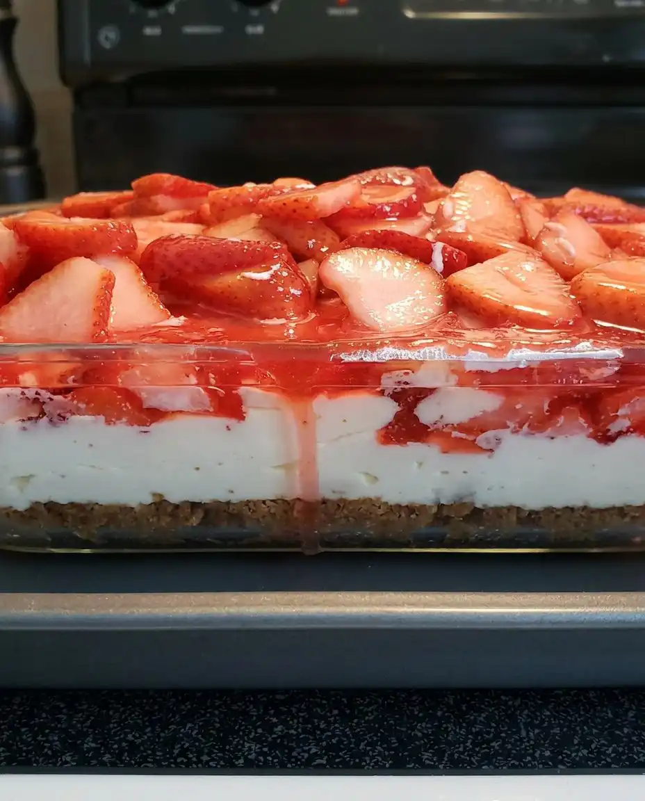 Strawberry Heaven 10 A large glass dish of strawberry heaven dessert with layers of cake and red berries