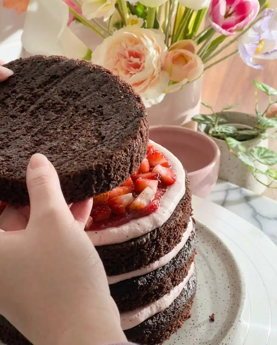 Strawberry Chocolate Cake 13 Strawberry jam reduction in a pot showing thick consistency