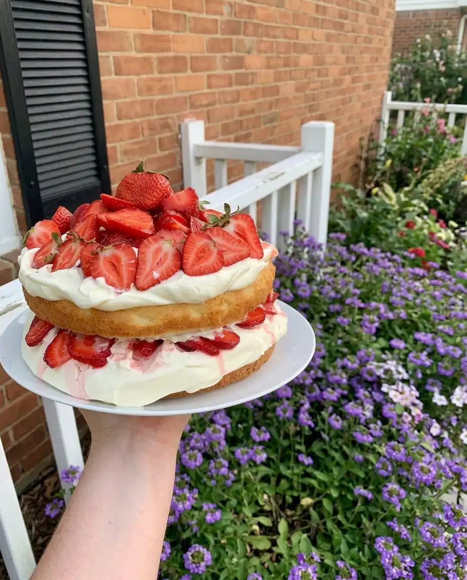 Strawberry ‘Shortcake’ Layer Cake 10 A close up shot of a sliced Strawberry Shortcake Layer Cake showing the sponge and mascarpone cream layers