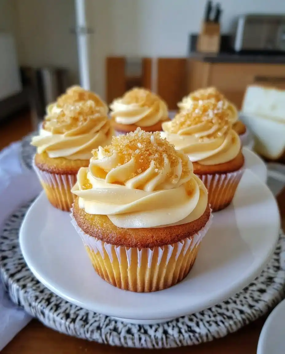Honey peach cupcakes served on a tiered stand at a summer garden party.