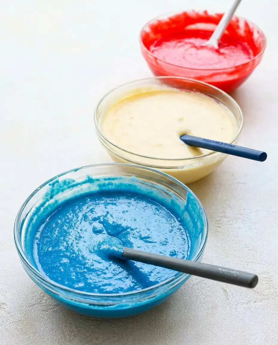 Alternating scoops of red, white, and blue cake batter in a fluted bundt pan