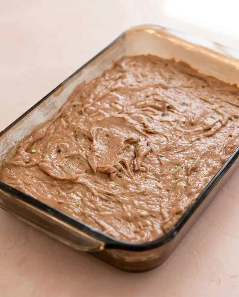A toothpick inserted into the center of a chocolate zucchini cake with walnuts to check for doneness.