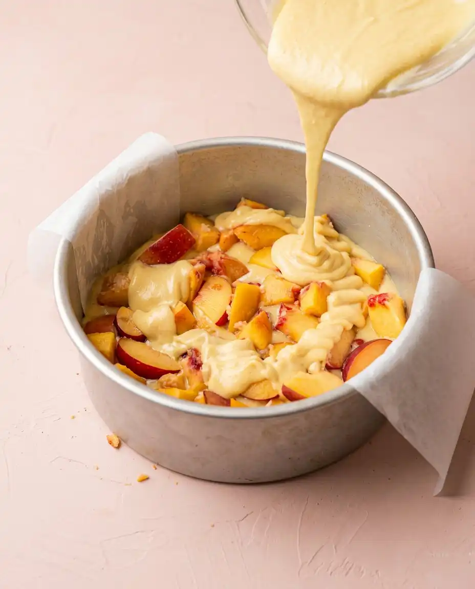 An instant-read thermometer checking the temperature of a Brown Butter Fresh Peach Cake.