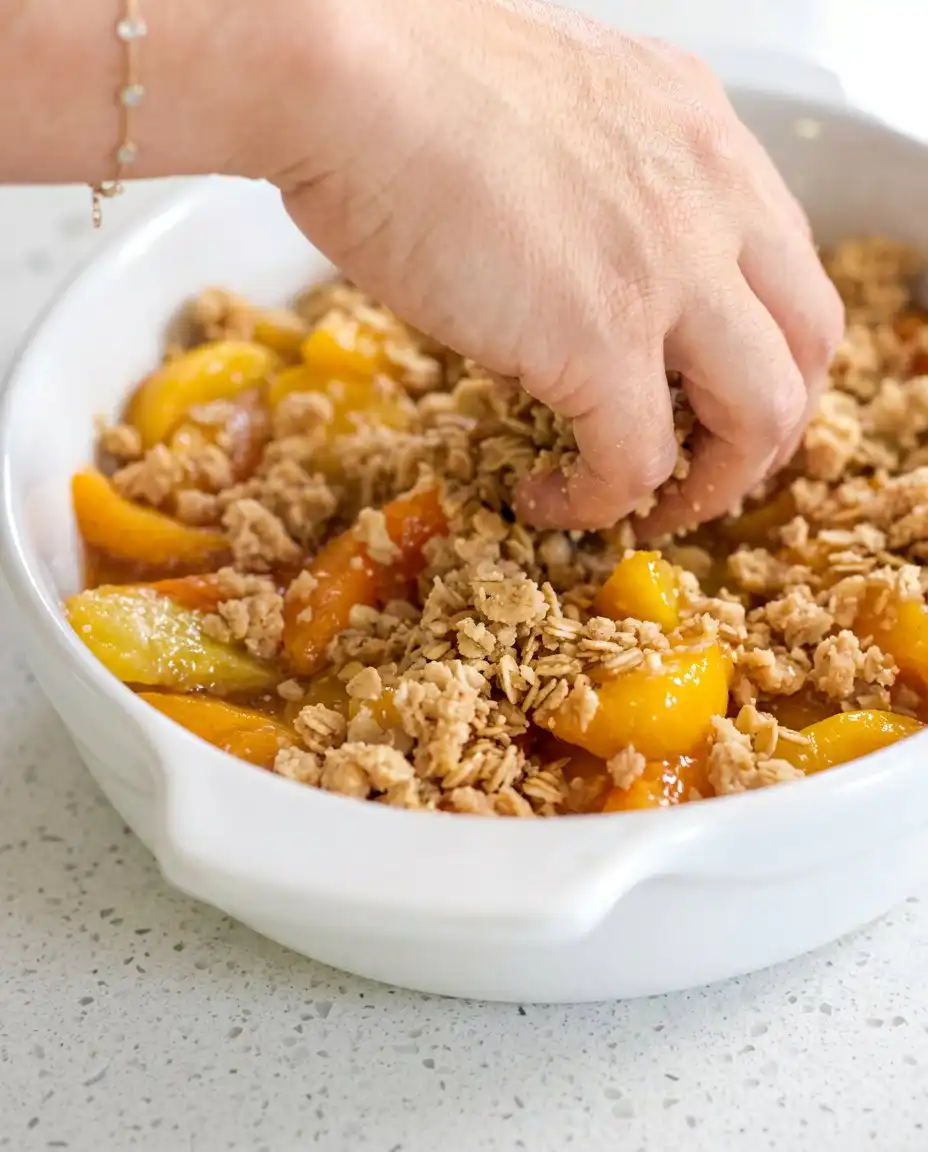Close up of the crumbled butter and oat mixture for the Peach Crisp topping.