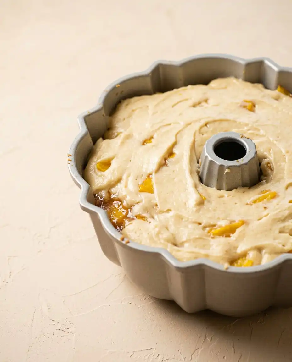 A close up shot of a slice of Cream Cheese Peach Cobbler Pound Cake showing the crumb.