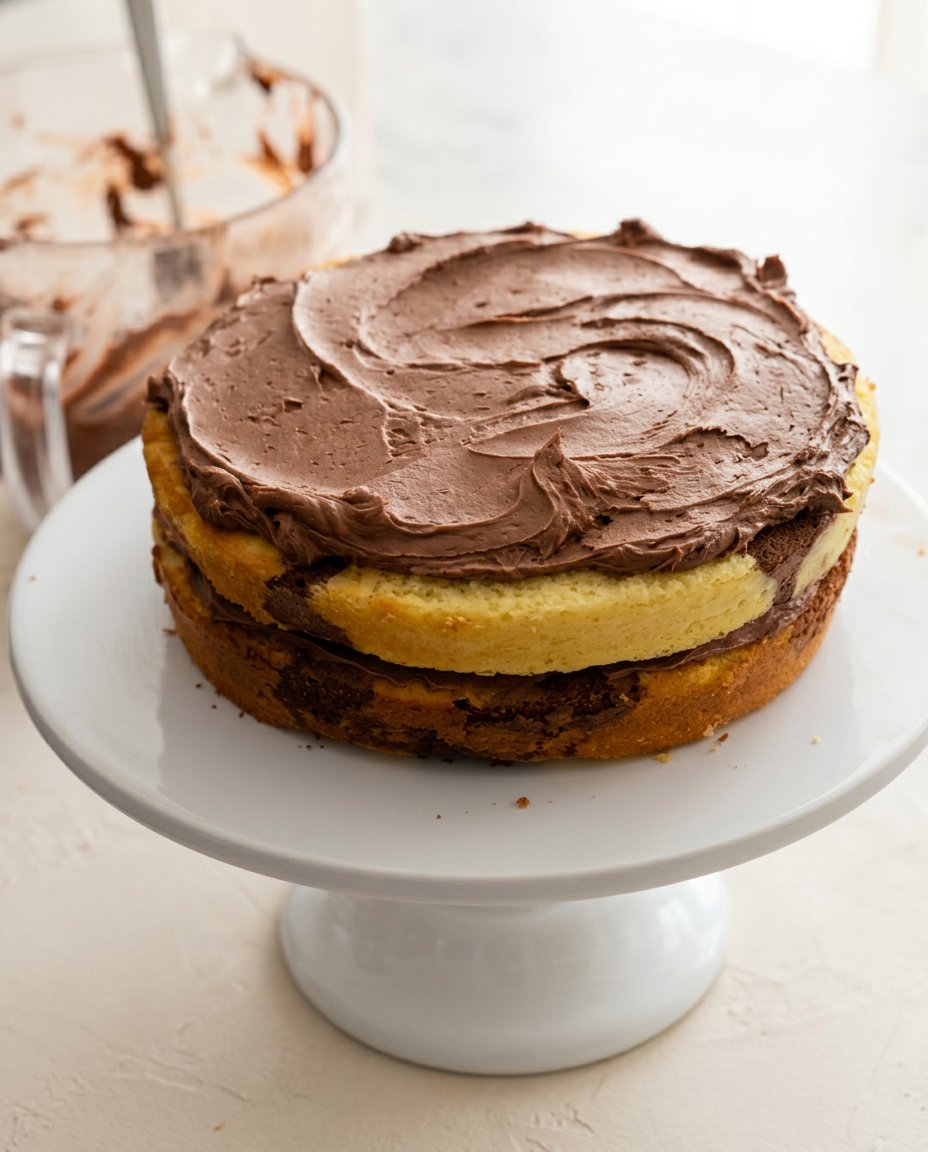 Two-Layer Marble Cake 12 A close up shot of a sliced Two-Layer Marble Cake showing the chocolate and vanilla swirls.