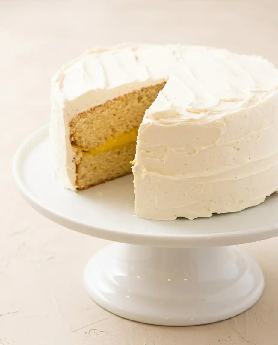 Classic Vanilla Bean Layer Cake 12 A rustic Classic Vanilla Bean Layer Cake sitting on a weathered wooden table in a farmhouse kitchen.