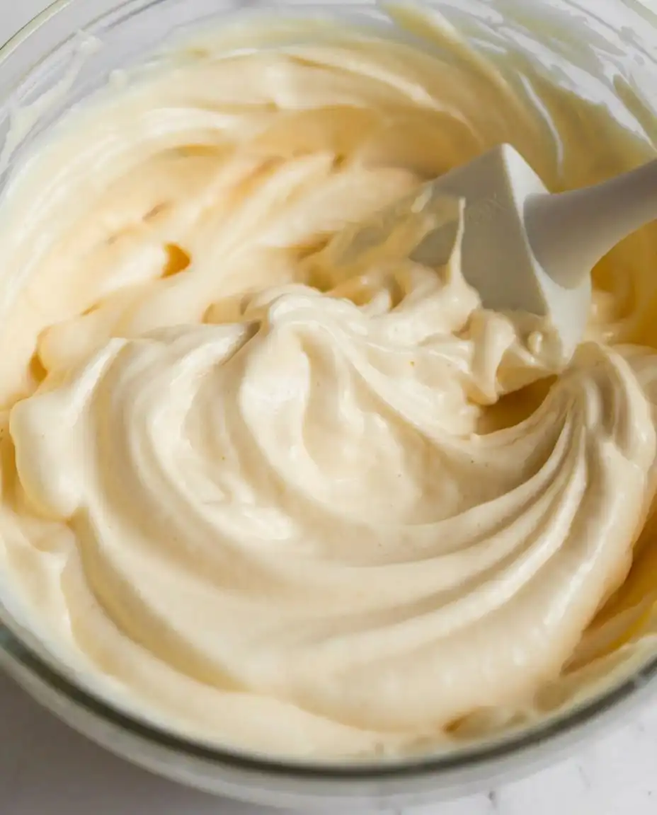 Vanilla Mousse Cake Filling 10 A close up of light and airy vanilla mousse cake filling with visible vanilla bean specks