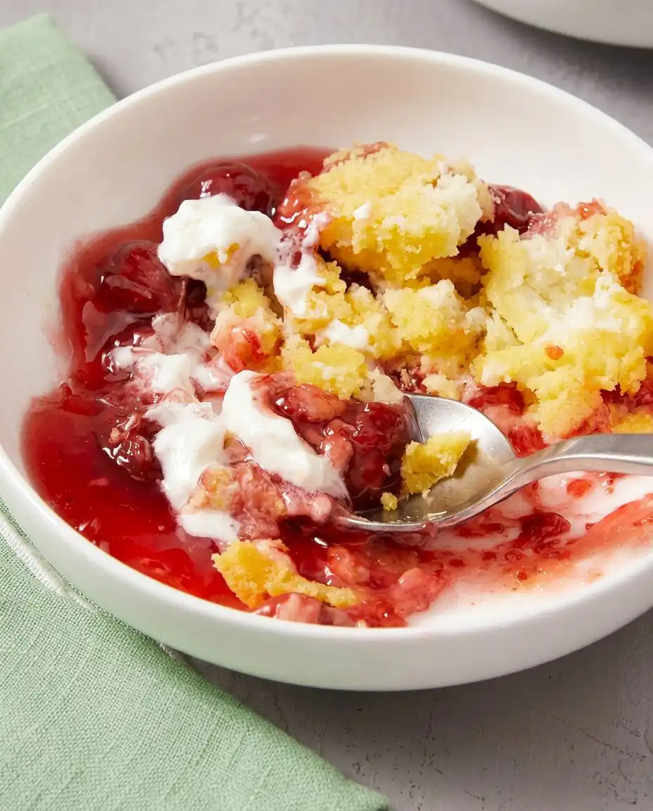 A scoop of Strawberry Cheesecake Dump Cake served with whipped cream