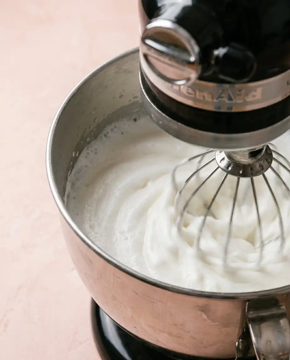 Glossy whipped egg whites reaching firm peaks for a Moist Blueberry Lemon Angel Food Cake.