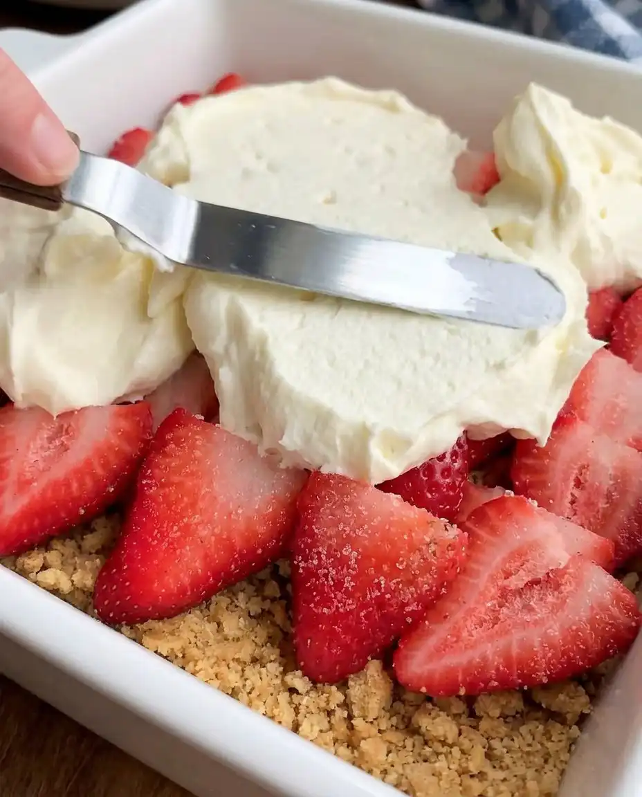 Whisking heavy cream into stiff peaks for a fluffy strawberry dessert.