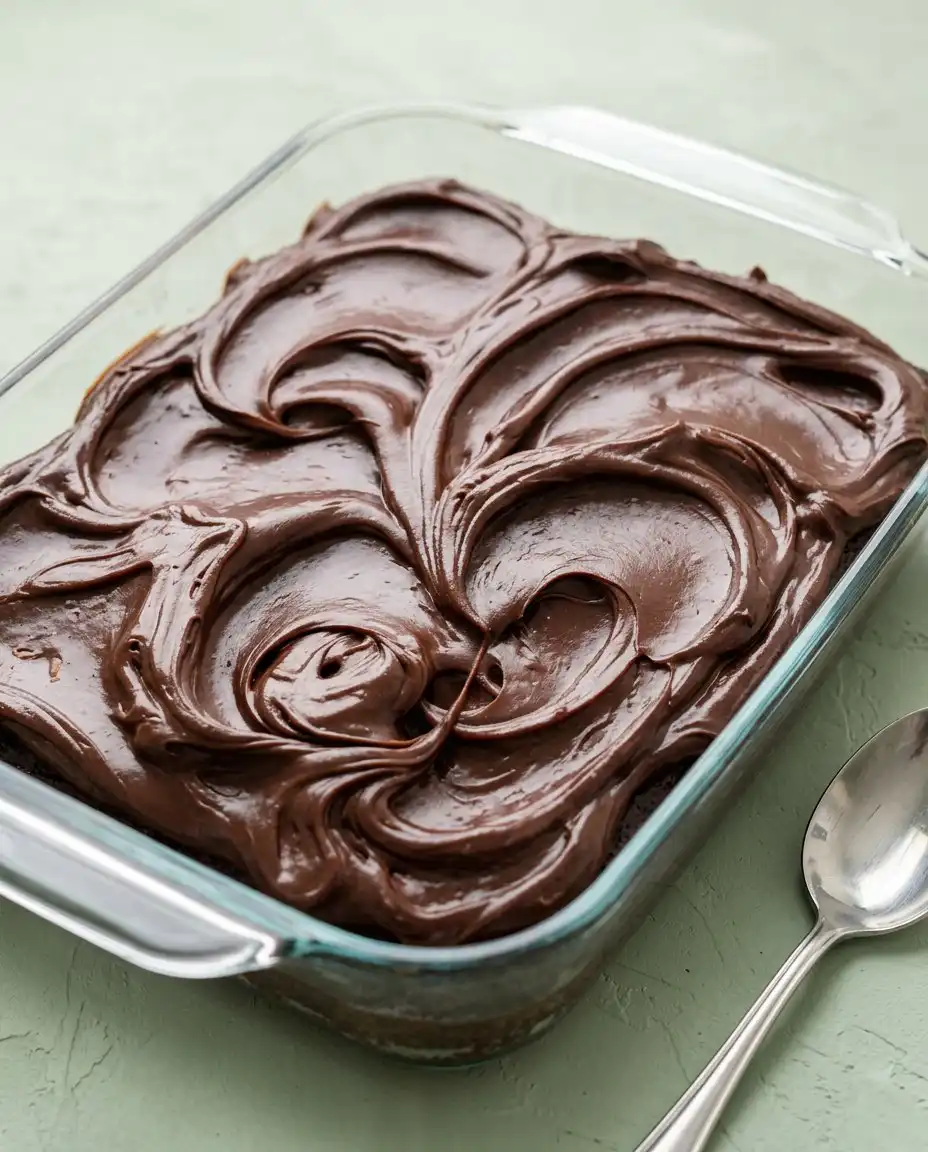 A hand whisking smooth dark batter for a Vegan Chocolate Zucchini Cake in a glass bowl.