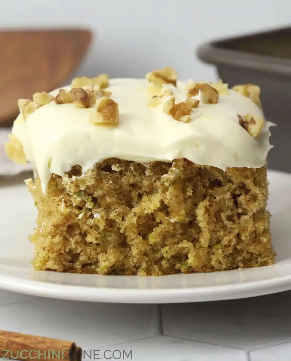 A 9x13 Zucchini Spice Cake with Cream Cheese Frosting and chopped walnuts
