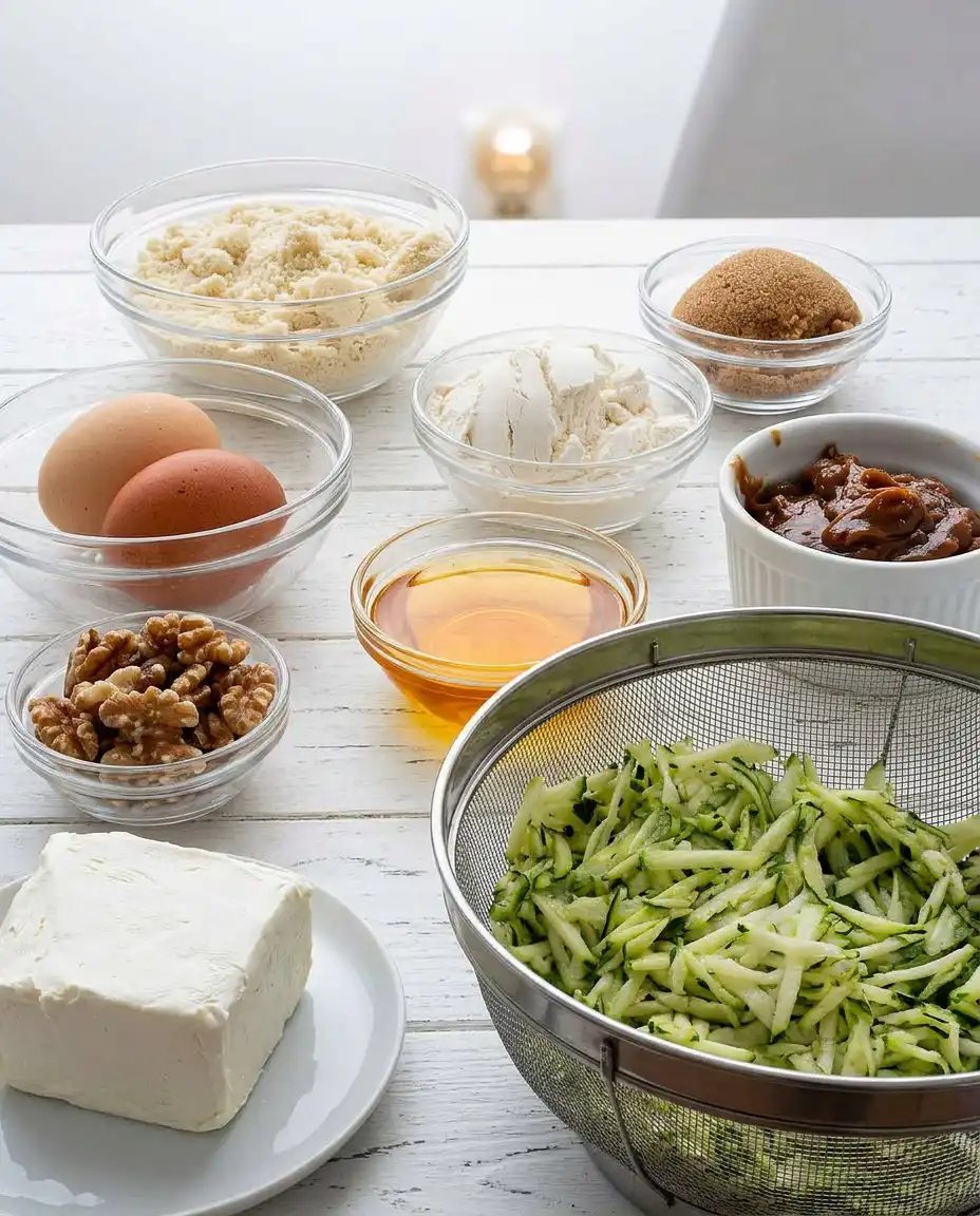 Measured ingredients for zucchini bars including grated zucchini, flour, and brown sugar