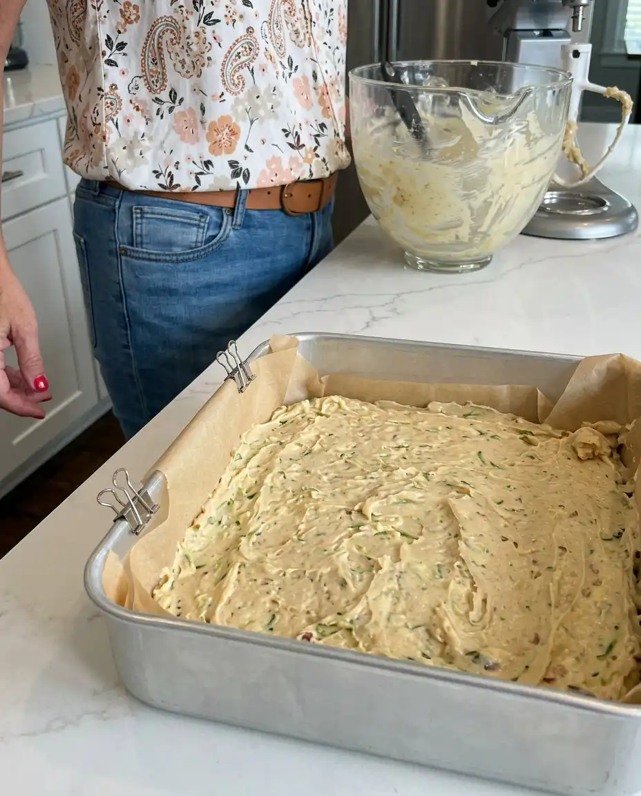 Instant-read thermometer checking the center of a zucchini crumb cake