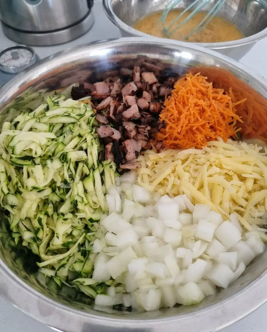 The ingredients for zucchini pie including eggs, oil, Parmesan, biscuit mix, and sliced zucchini arranged on a counter.