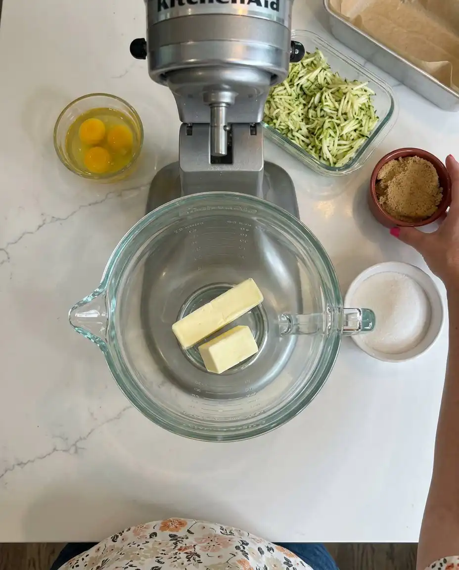 Precisely shredded zucchini on a cutting board for crumb cake