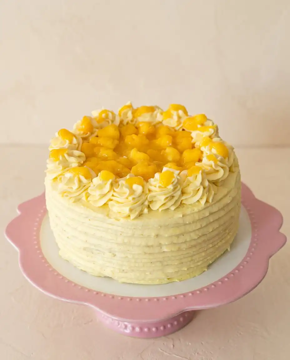 A generous slice of Mango Ombre Cake served on a vintage china plate with a fork.