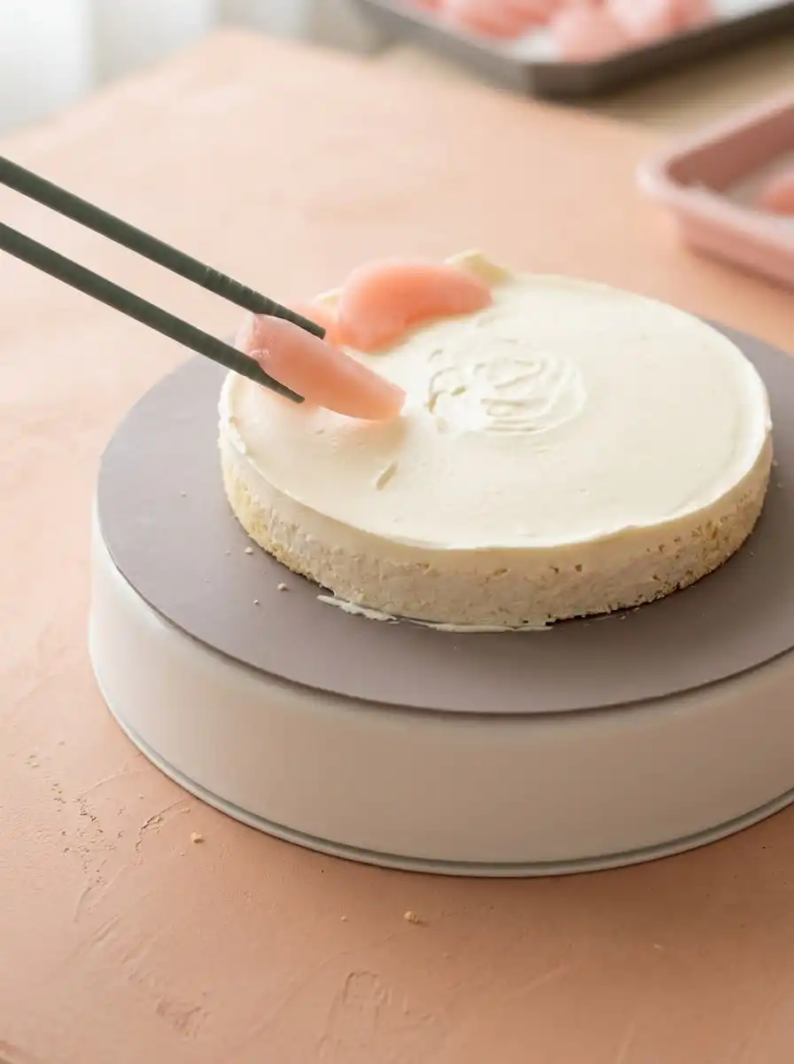 An offset spatula smoothing the buttercream on a peach watercolor cake design.