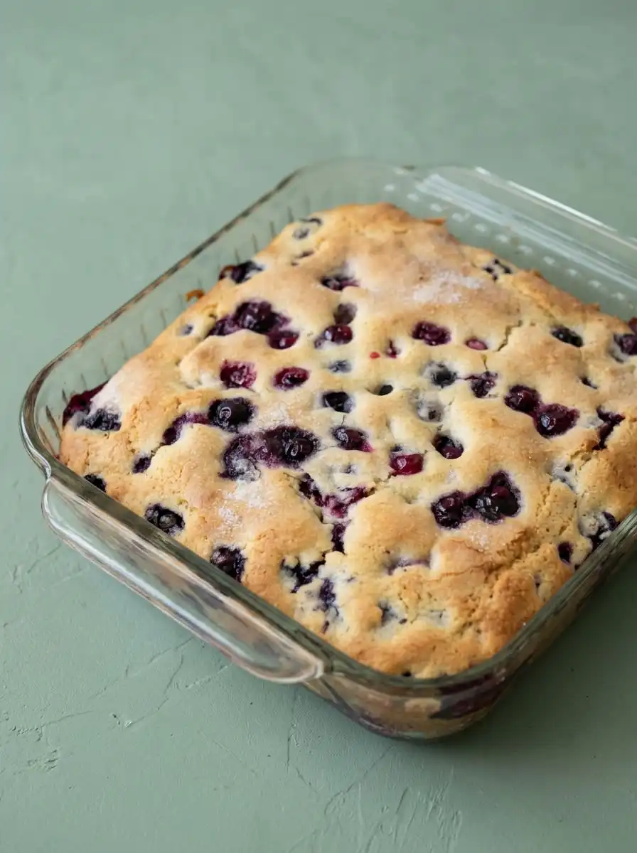 Blueberry Buttermilk Breakfast Cake 12 Freshly baked golden brown blueberry buttermilk breakfast cake cooling on a wire rack in a home kitchen