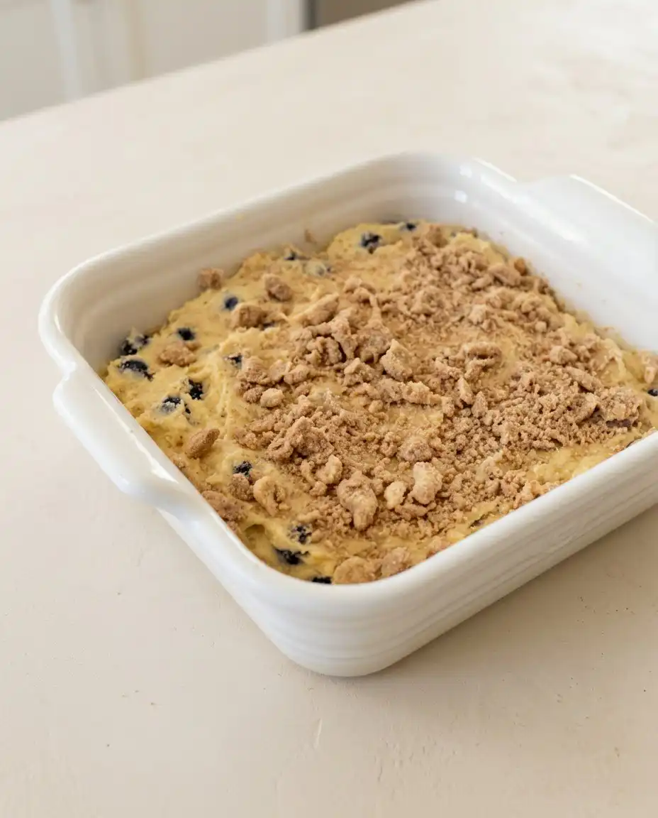 Folding fresh berries into thick cake batter for the Classic Blueberry Coffee Cake.